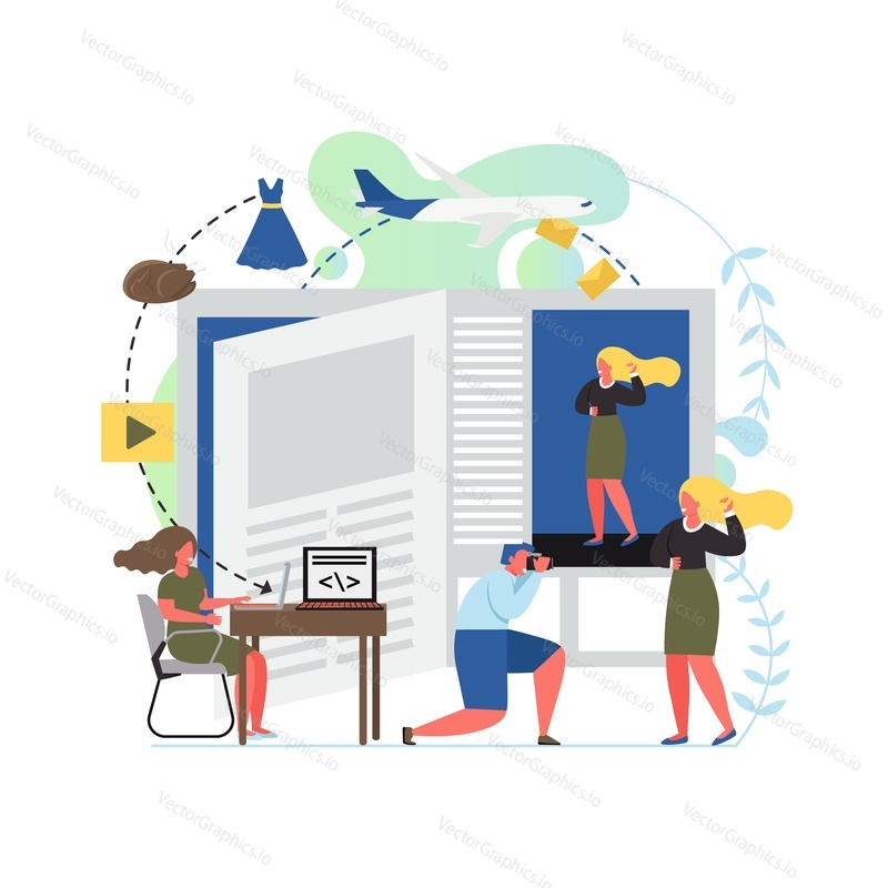 Magazine, vector flat style design illustration. Photoshoot, professional photographer taking photo of young girl model. Digital publishing magazine app concept for web banner, website page.