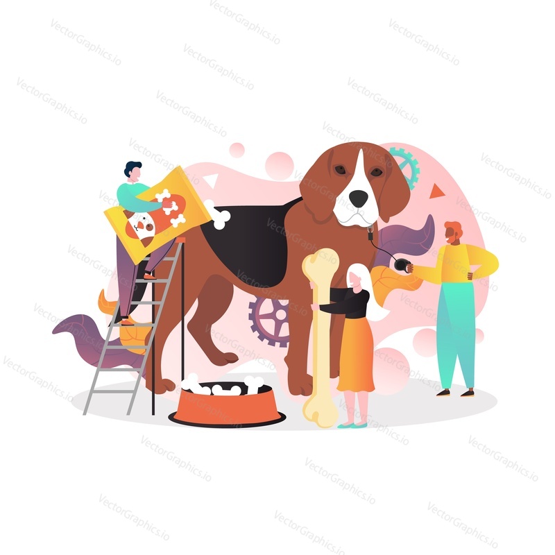 Vektorová ilustrace drobných postav man pet majitel vedení velký pes na vodítku, žena s kostí a jiný muž se suchým jídlem. Složení psích produktů a potřeb pro web zverimexu, webový banner atd.