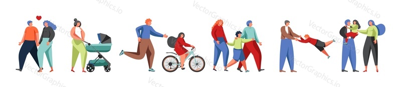 Šťastné rodinné postavy Otec a matka se svými dětmi, vektorové ploché designové ilustrace izolované na bílém pozadí. Rodičovství, mateřství, otcovství, rodičovství, vztah rodič-dítě.