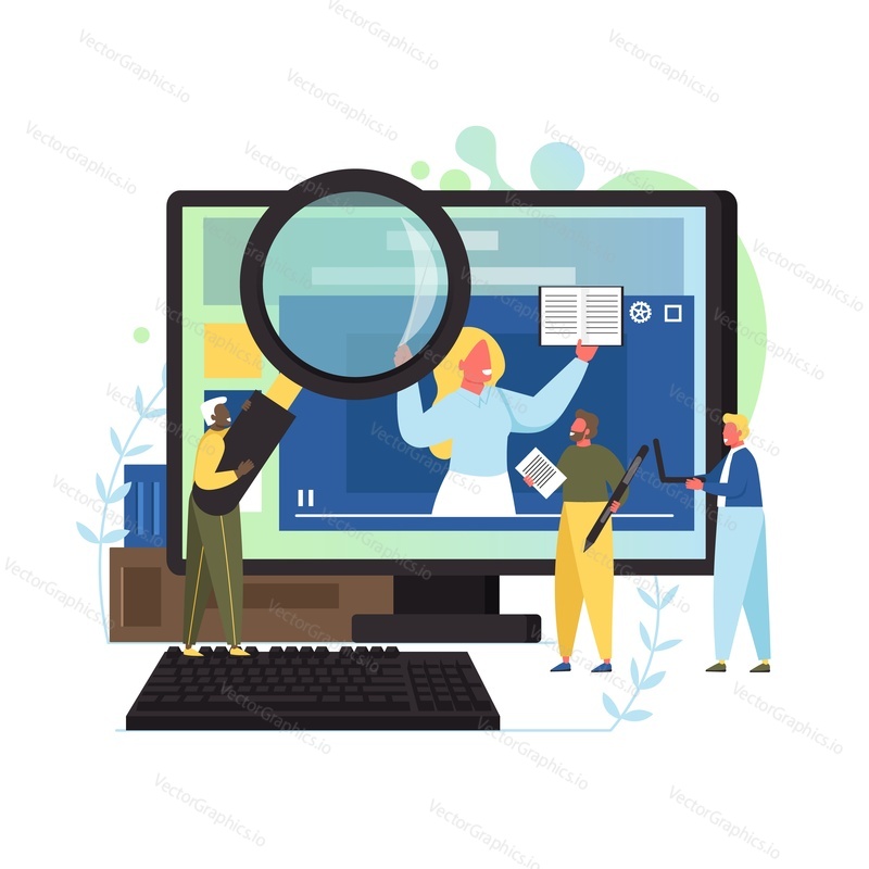 Video lesson, vector flat illustration. Big computer monitor with teacher, tiny characters. Webinar, online conference, distance learning, online course concept for web banner, website page etc.