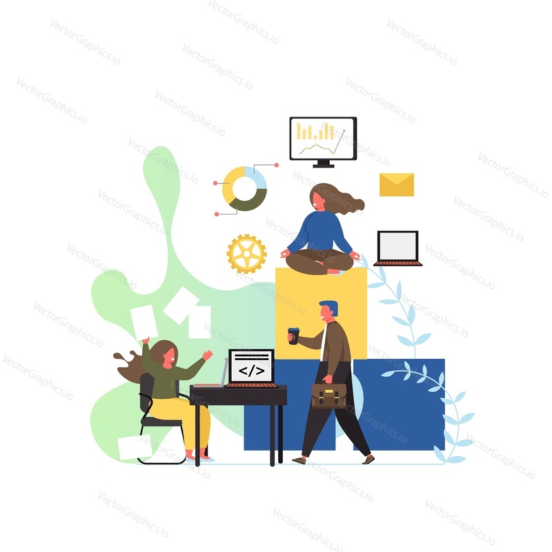Pracovní prostor, vektorový plochý design ilustrace. Kancelářské pracoviště s postavami pracujícími a odpočívajícími. Pracovní stanice pro vývojáře softwaru, koncept týmové práce pro webový banner, webovou stránku atd.