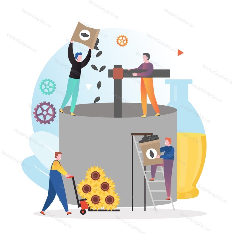 Pressing and extraction of crude oil from seeds before refining, vector illustration. Sunflower oil production concept for web banner, website page etc.