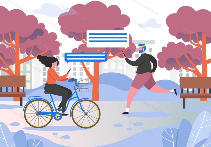 Šťastná žena na kole, muž jogging v městském parku, vektorová plochá ilustrace. Letní outdoorové aktivity, sport, hobby, zdravý životní styl kompozice pro plakát, banner atd.