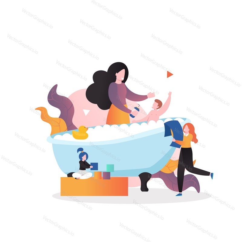 Chlapec se koupe s chůvou, dívka si hraje s bloky ve školce, vektorové ilustrace. Denní stacionář, koncepce kojenecké školy pro webový banner, webovou stránku atd.