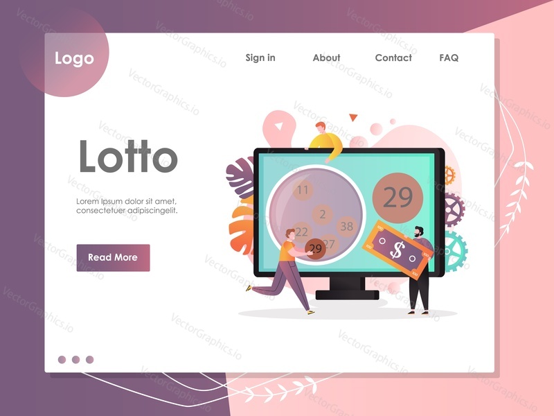 Векторный шаблон веб-сайта Lotto, дизайн веб-страницы и целевой страницы для разработки веб-сайтов и мобильных сайтов. Концепция онлайн-лотерейной игры с персонажами.