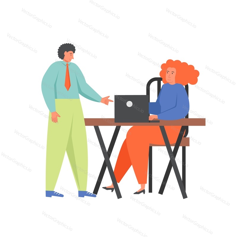 Podnikatelé muž a žena diskutují o myšlence, debatovat, vektorový byt izolovaná ilustrace. Kancelářská scéna obchodního týmu, diskuse, koncept týmové práce pro webový banner, webovou stránku atd.
