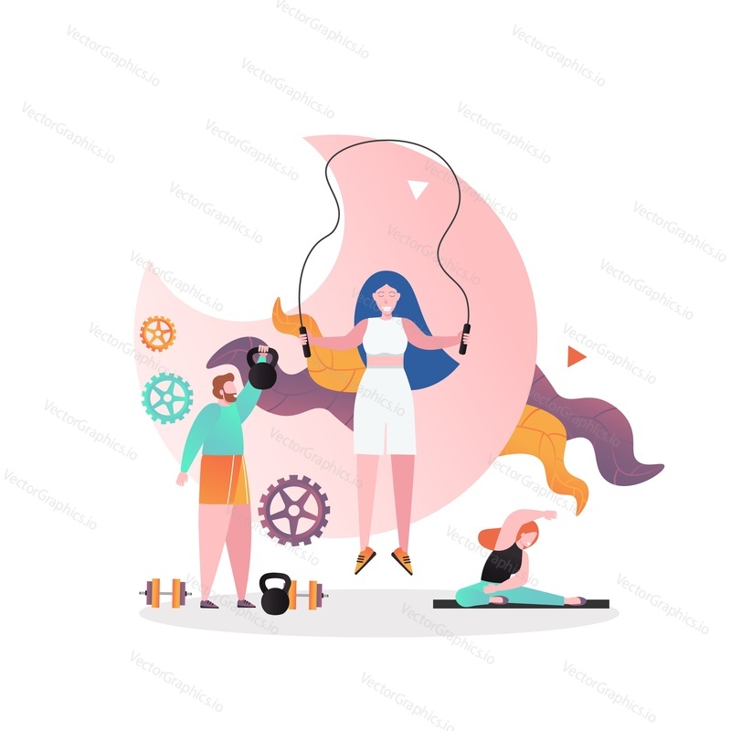 Lidé dělají cvičení s švihadlo, činka, kettlebell, vektorové ilustrace. Fitness gym training concept pro webový banner, webovou stránku atd.