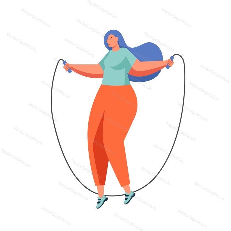 Žena dělá cvičení s švihadlo, vektorové ploché ilustrace izolované na bílém pozadí. Skákání přes švihadlo kardio gym cvičení, fitness, hubnutí, sportovní aktivity.