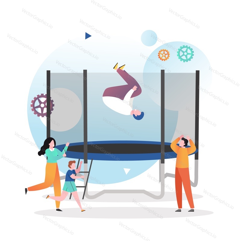 Young man enjoying freestyle jump on trampoline, vector illustration. Healthy lifestyle, recreational leisure activities concept for web banner, website page etc.