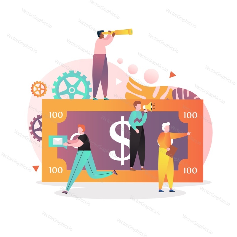 Huge dollar banknote and tiny people promoters with megaphone, telescope, mail speech bubble, folder with documents, vector illustration. Bank account promotions and offers, investing money.