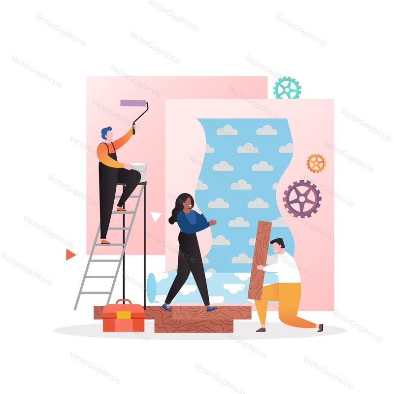 Apartment and house renovation team wallpapering wall, laying laminate flooring, vector illustration. Home remodeling and repair services concept for web banner, website page etc.