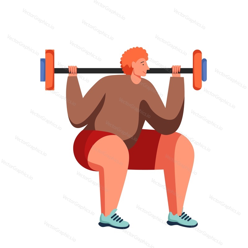 Kulturista dělá zadní dřepy s činkou, vektorová plochá ilustrace izolovaná na bílém pozadí. Vzpírání, silový trénink, čerpací žehlička, sportovní aktivita, cvičení v tělocvičně, cvičení na váze.