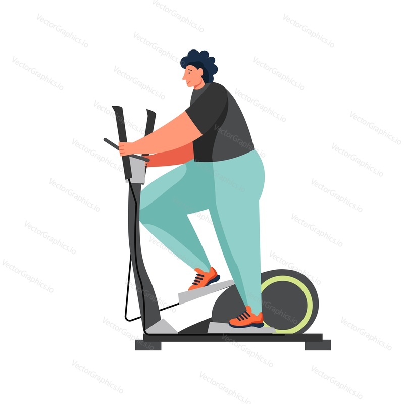 Muž dělá cvičení pomocí cross trainer, vektorové ploché ilustrace izolované na bílém pozadí. Eliptický trenažér cardio gym cvičení, hubnutí, sportovní aktivita.