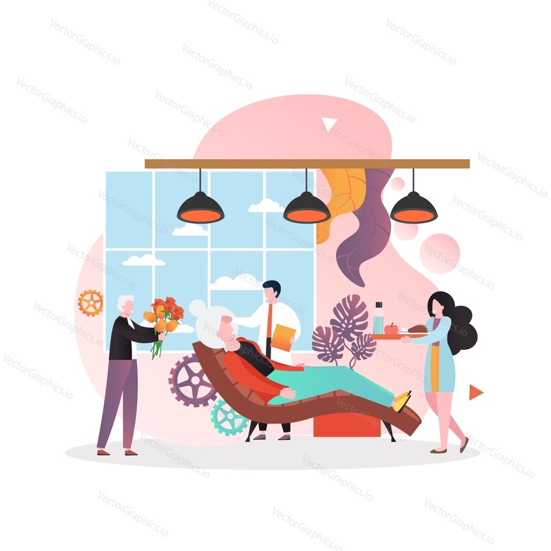 Medical staff doctor and nurse male and female characters taking care of senior woman, pensioner in hospital, vector illustration. Elderly care concept for web banner, website page etc.