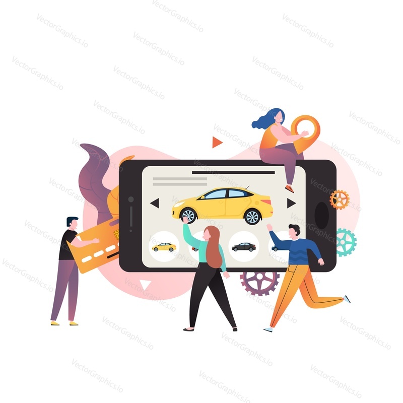 Micro mužské a ženské postavy pomocí obrovský smartphone pro pronájem auta a provádění plateb on-line, vektorové ilustrace. Carsharingová kompozice pro webový banner, webovou stránku atd.