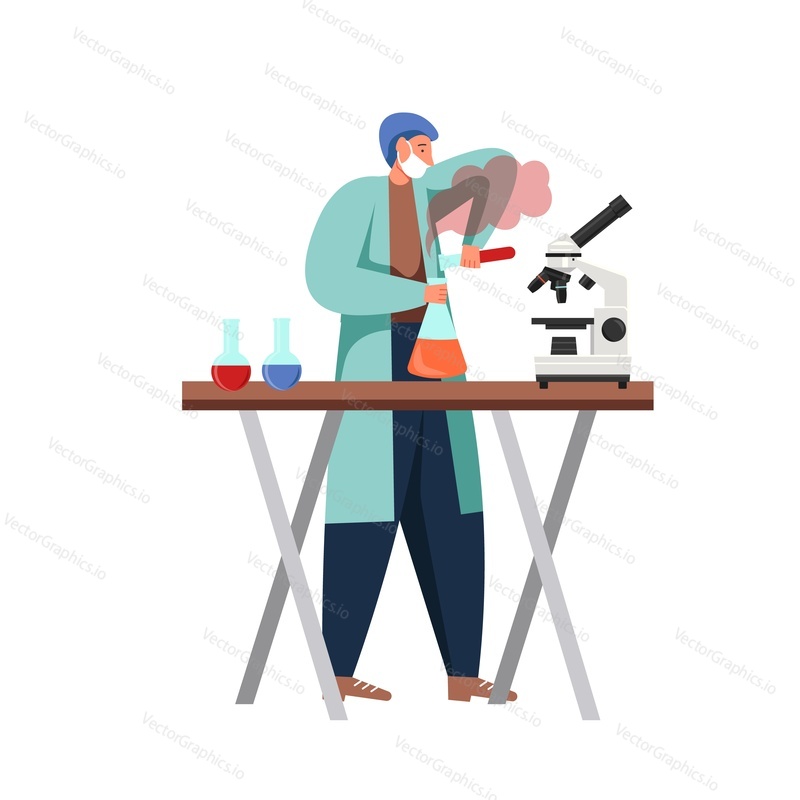 Muž vědec nebo Laborant pracující ve vědecké laboratoři pomocí mikroskopu, laboratorní sklo, vektorový plochý izolovaný obrázek. Vědecký výzkum, koncept experimentu pro webový banner, webová stránka.