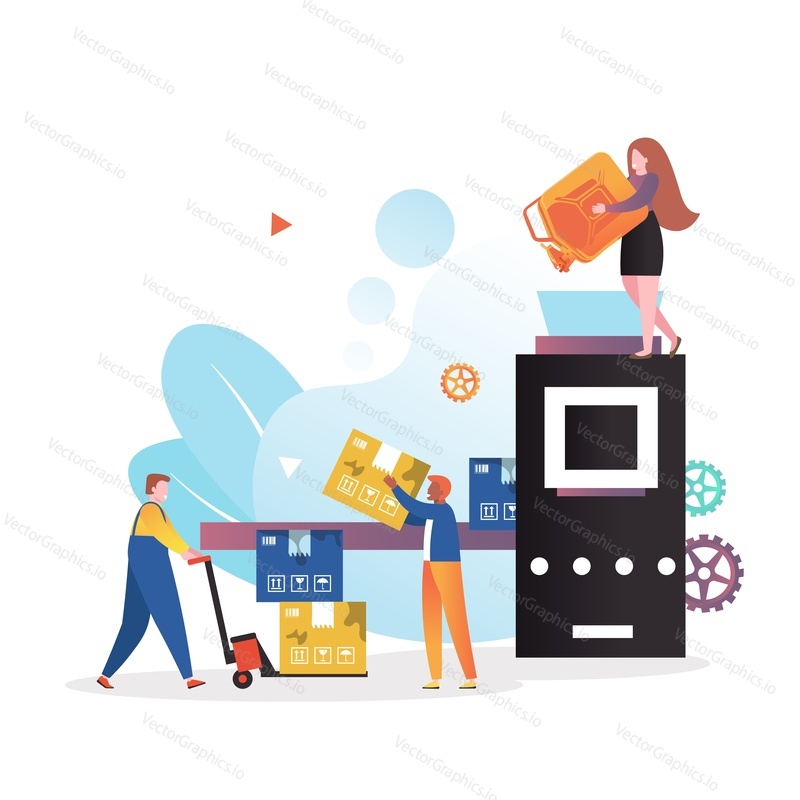 Waste sorting plant with conveyor line and workers, vector concept illustration. Sorting plant for municipal solid waste concept for web banner, website page etc.