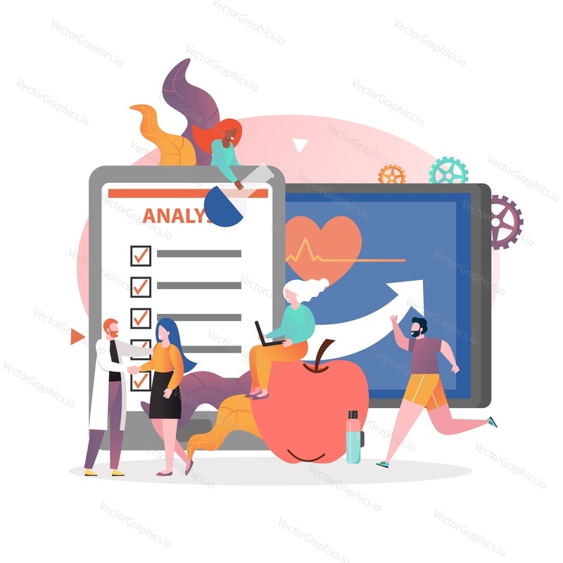 Healthcare vector concept illustration. Doctor discussing with his patient tests results for diagnosing heart conditions, apple, etc. Medical help, diet, healthy eating and fitness for healthy heart.