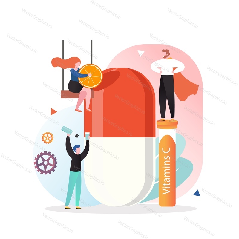 Obrovská pilulka na vitamínové kapsle a mikro mužské a ženské postavy, vektorové ilustrace. Vitamínové a minerální doplňky pro koncept zlepšení zdraví pro webový banner, webovou stránku atd.