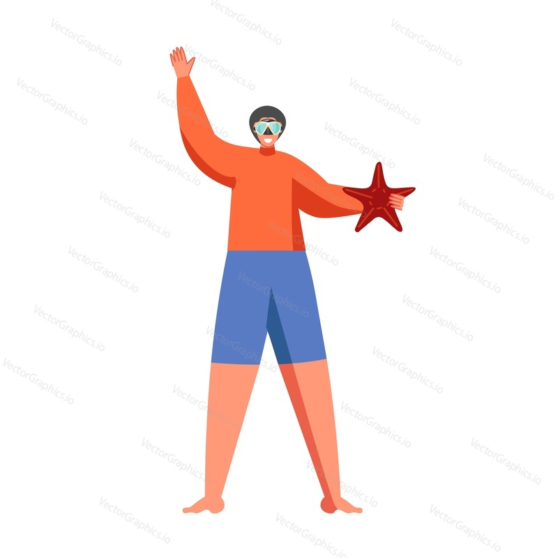Muž snorkeler v potápěčské masce drží hvězdice, vektorová plochá ilustrace izolovaná na bílém pozadí. Šnorchlování, koncept letních vodních sportů pro webový banner, webovou stránku atd.