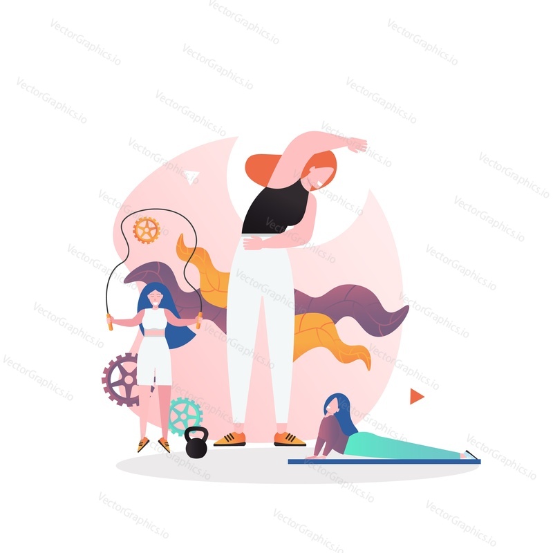 Ženy dělají skákání přes švihadlo, rohož, protahovací cvičení, vektorové ploché ilustrace. Fitness gym training concept pro webový banner, webovou stránku atd.