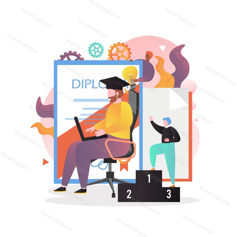 Obrovský diplom, absolvent na sobě promoční klobouk pomocí notebooku, zatímco sedí na židli, vektorové ilustrace. Online školení, vzdělávání, diplomové kurzy, promoce, koncepce studijního programu pro webovou stránku atd