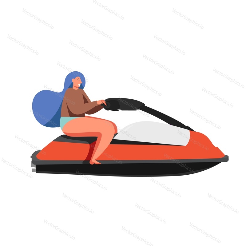 Žena na vodním skútru, vektorová plochá ilustrace izolovaná na bílém pozadí. Koncept letních vodních sportů pro webový banner, webovou stránku atd.