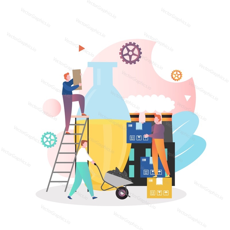 Bottling and packing of refined sunflower oil, vector illustration. Vegetable oil making factory, sunflower oil production concept for web banner, website page etc.