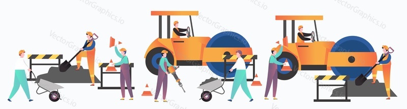 Sada asfaltových dlažeb a oprav, vektorové ilustrace. Mužské postavy pracovníci hnací žlutý asfalt kompaktor válec, pracující s sbíječka trakař lopatu. Instalace asfaltové dlažby.