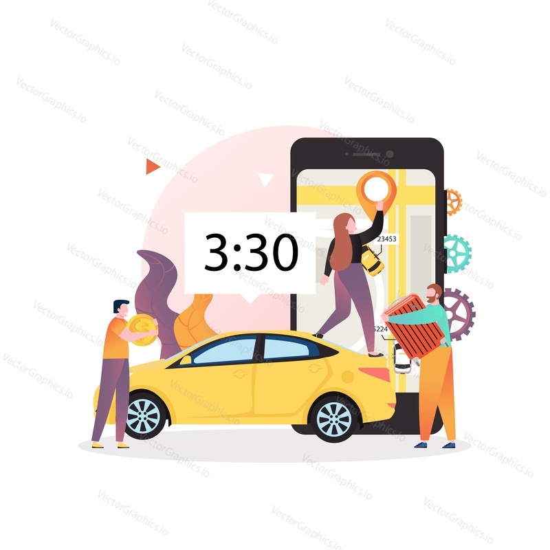 Carsharing service vector concept ilustrace. Obrovský smartphone, mikro mužské a ženské postavy, žlutý automobil. Koncept pronájmu aut Online pro webový banner, webovou stránku atd.