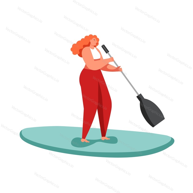 Žena stojící na pádlové desce, vektorová plochá ilustrace izolovaná na bílém pozadí. Stand UP paddle boarding, koncept letních vodních sportů pro webový banner, webovou stránku atd.