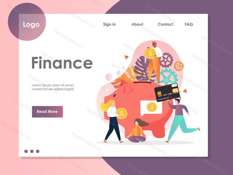 Šablona webových stránek Finance vector, design webových stránek a vstupních stránek pro vývoj webových stránek a mobilních stránek. Podnikání a finance, vydělávání a úspora peněz, koncept finančních investic.