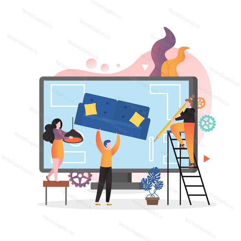 Professional designers placing furniture on desktop computer monitor with living room layout on screen. Online interior design, home decoration concept for web banner, website page etc.