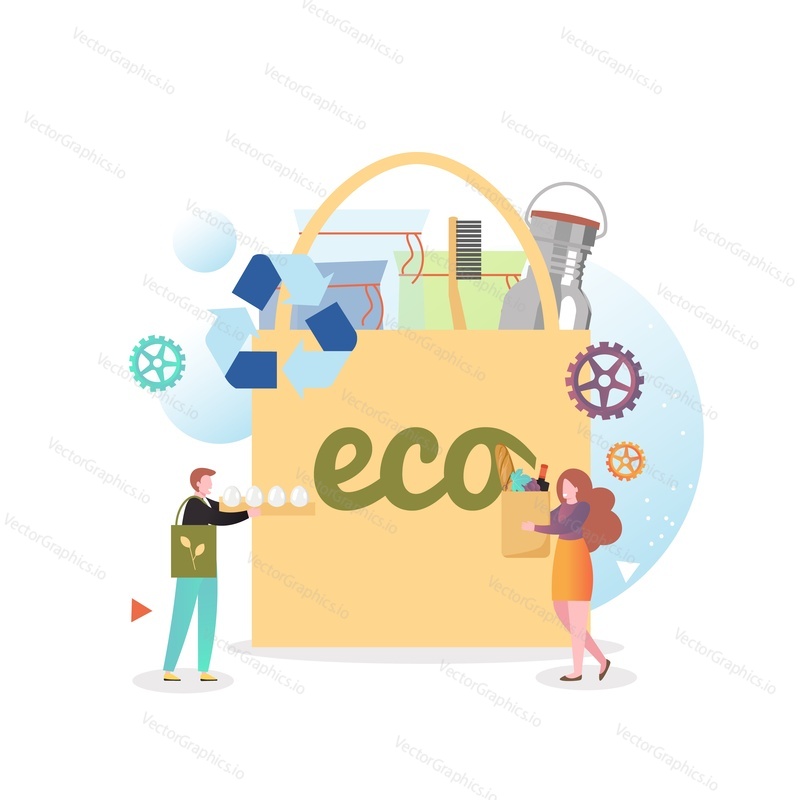Obrovská eko látková nákupní taška s opakovaně použitelnou lahví, zubním kartáčkem, recyklačním symbolem, mikro mužskými a ženskými postavami, vektorovou ilustrací. Ekologický životní styl, žádný plastový koncept.