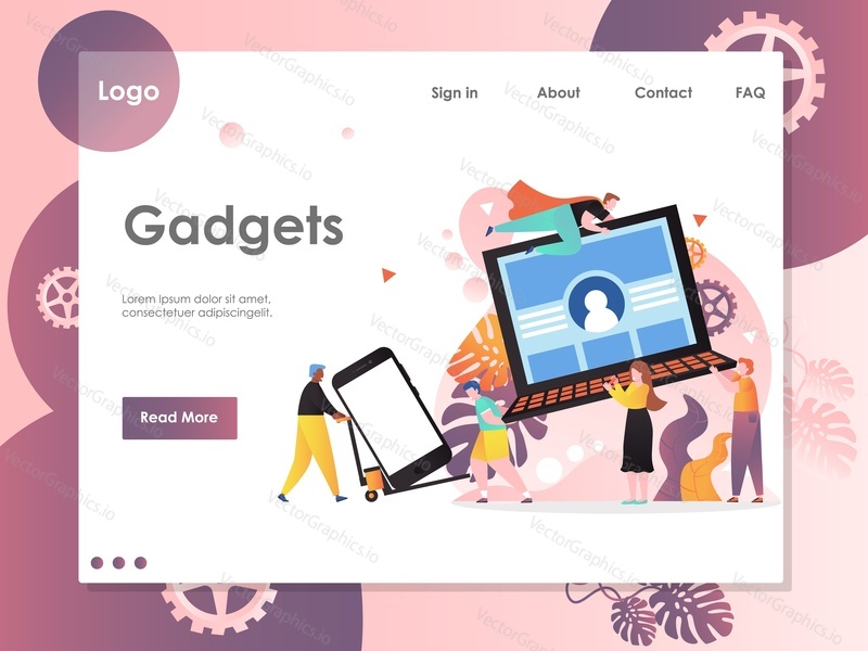 Gadgets vektorová webová šablona, webová stránka a design vstupní stránky pro vývoj webových stránek a mobilních stránek. Lidé s přenosným počítačem a smartphonem, populární mobilní zařízení.