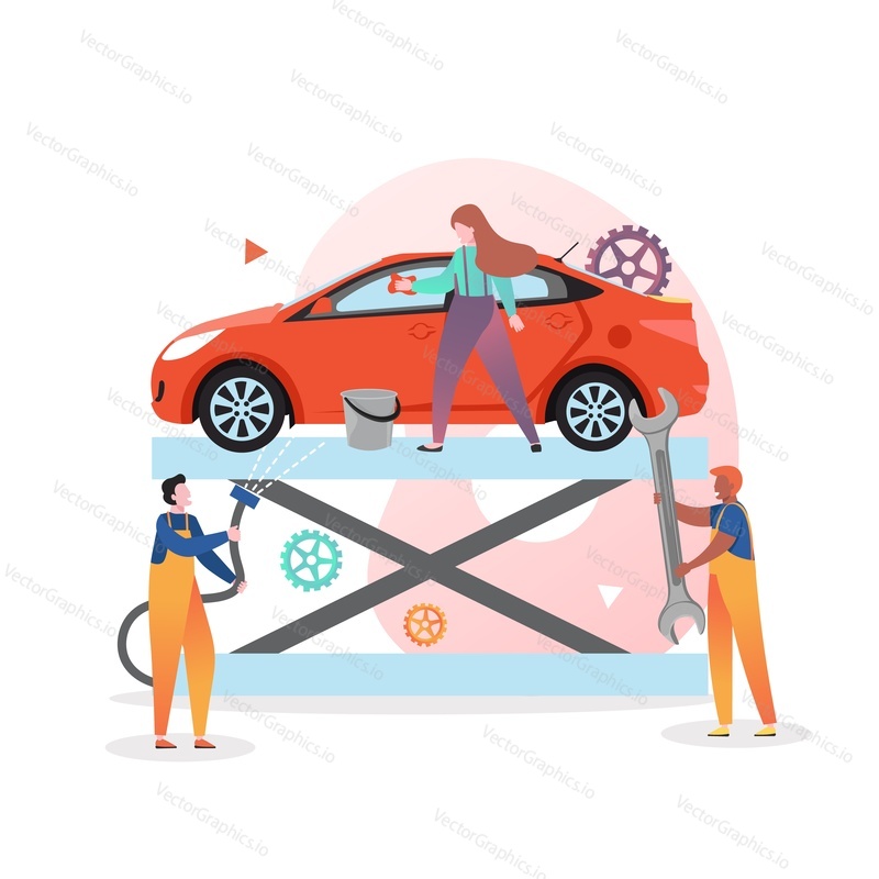Auto repair service and wash vector illustration. Male and female characters fixing and washing automobile. Car wash, auto mechanic and repair shop concept for web banner, website page etc.