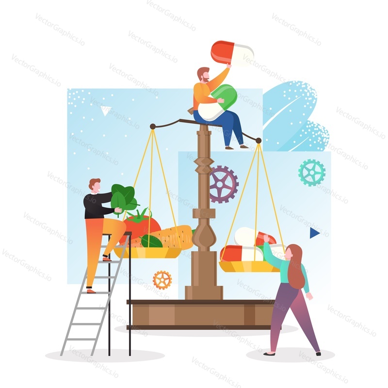 Vitamin rich foods, vector illustration. Spinach, tomato, carrot vegetables and vitamin pills on scales, male and female characters. Healthy organic food choice concept for web banner, website page.