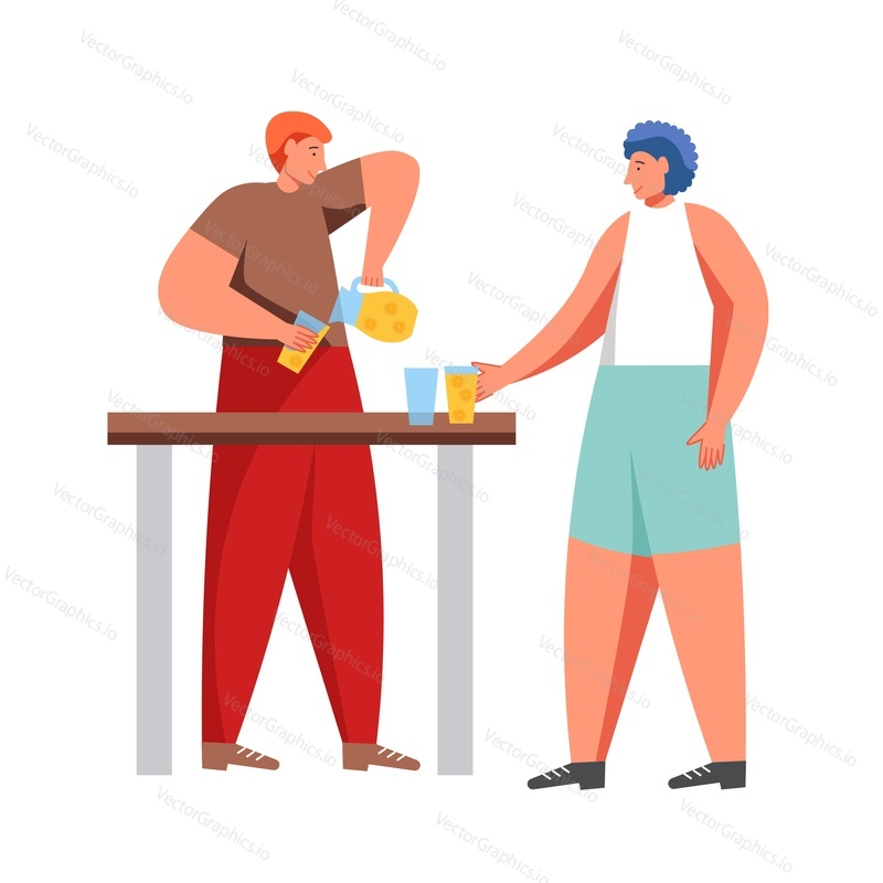 Dva muži pili čerstvou pomerančovou limonádu, letní studený nápoj, vektorová plochá ilustrace izolovaná na bílém pozadí. Dovolená na pláži, letní prázdniny, léto, cestování.