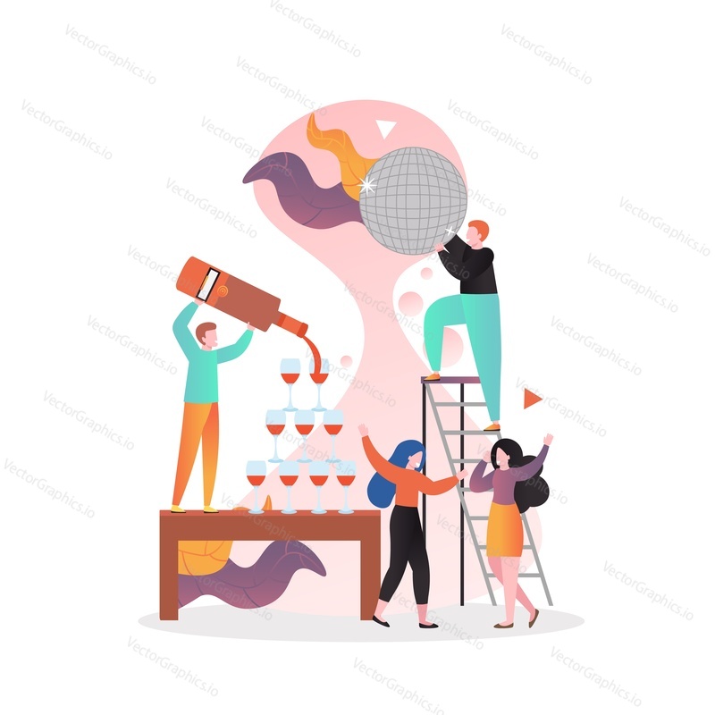 Disco party, vektorové ilustrace. Mužské a ženské postavy tančí, nalévají víno a baví se. Noční klub Party složení pro web banner, webové stránky atd.