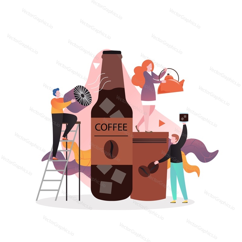 Lidé, kteří vaří studenou kávu s kostkami ledu v láhvi, vektorové ilustrace. Alternativní ruční koncept vaření kávy pro webový banner, webovou stránku atd.