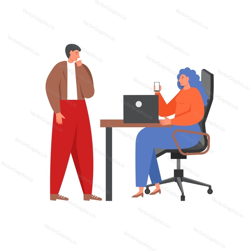 Podnikatelé muž a žena mluví k sobě navzájem, myšlení, vektorové ploché izolované ilustrace. Kancelářská scéna obchodního týmu, debata, brainstorming, koncept týmové práce pro webový banner, webovou stránku atd.