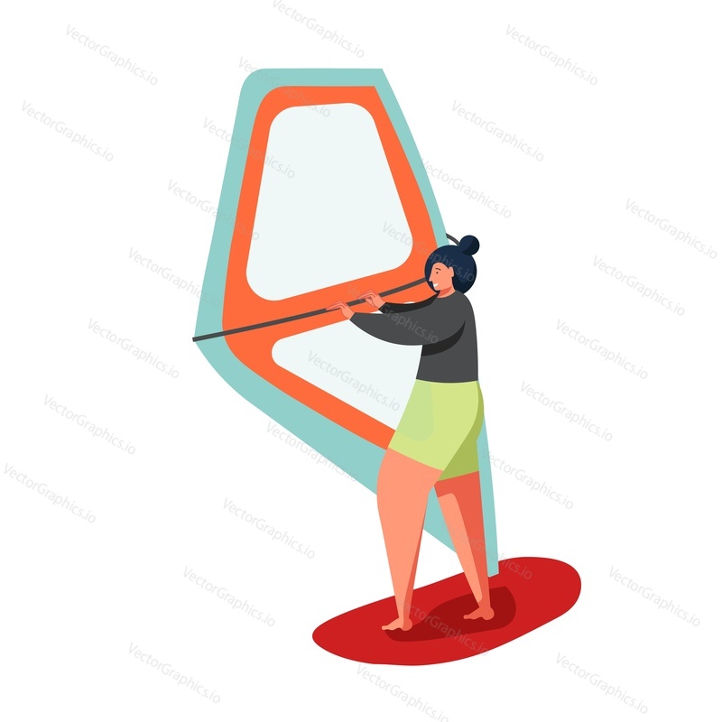Žena windsurfer plachtění na palubě, vektorové ploché ilustrace izolované na bílém pozadí. Letní vodní sporty, koncept windsurfingu pro webový banner, webovou stránku atd.