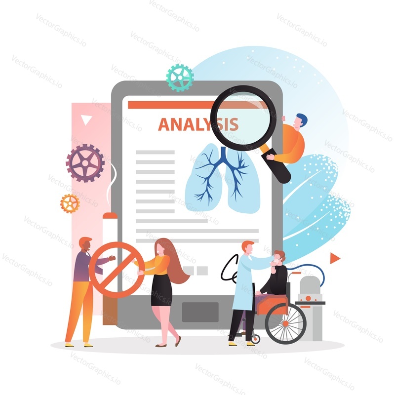 Kontrola zdravotního stavu plic s lékařskými testy, lékaři a pacienti mužských a ženských postav, vektorová ilustrace. Pulmonology healthcare, koncept plicního vyšetření pro webový banner, webovou stránku atd.