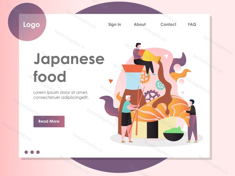 Japonská šablona webových stránek vektorů potravin, design webových stránek a vstupních stránek pro vývoj webových stránek a mobilních stránek. Japonská restaurace, koncept sushi baru s postavami.