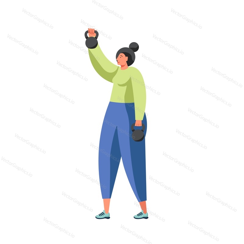 Žena dělá cvičení s kettlebell, zvedání závaží, vektorové ploché ilustrace izolované na bílém pozadí. Posilovna cvičení, sportovní aktivita, silový trénink, fitness, silové cvičení.