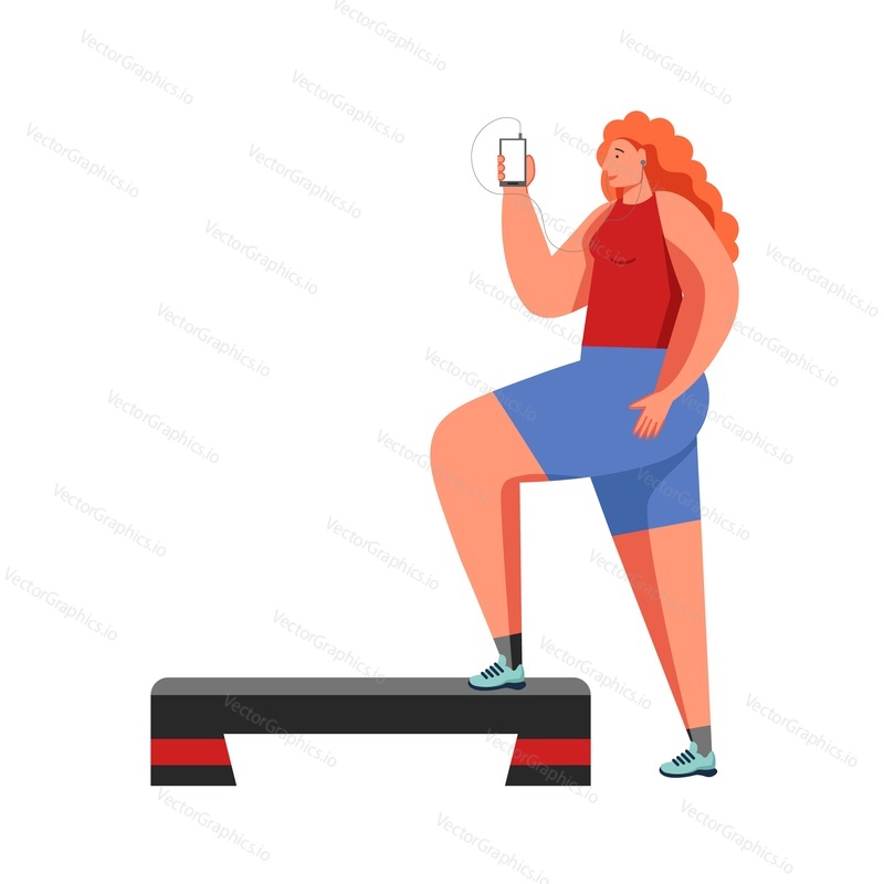 Žena dělá cvičení s stepper, vektorové ploché ilustrace izolované na bílém pozadí. Spalování tuků kardio posilovna cvičení, step aerobik, sportovní aktivity.