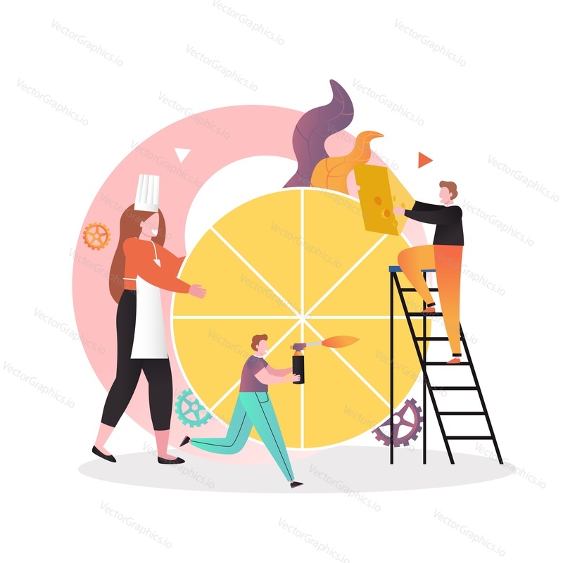 Georgian traditional cuisine, vector illustration. Micro male characters cooking huge cheese. Georgian food cheese making composition for web banner, website page etc.