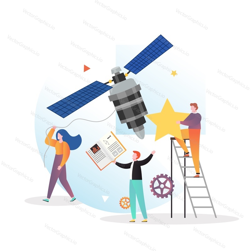 Huge satellite and micro male and female characters astronomers, astrologers studying astronomy, astrology, vector illustration. Astrological education, science concept for web banner, website page.