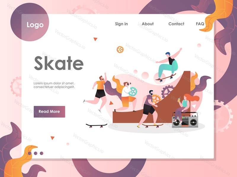 Šablona webových stránek Skate vector, design webových stránek a vstupních stránek pro vývoj webových stránek a mobilních stránek. Vert skateboarding koncept s mladými lidmi na skateboardu na skate rampě.