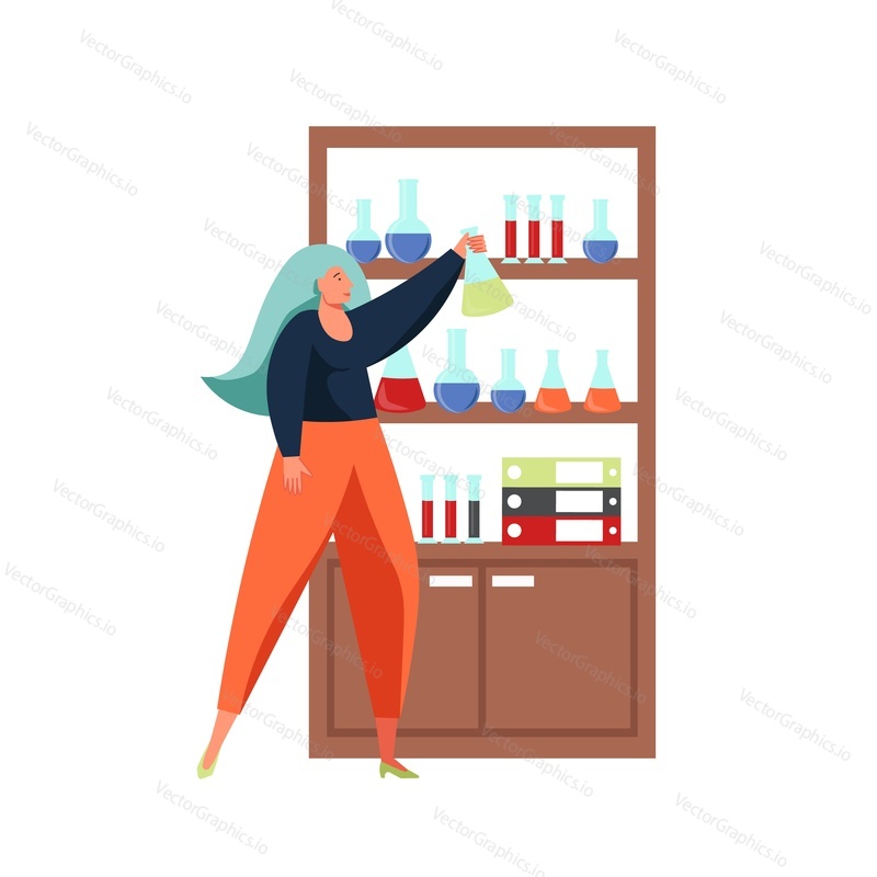 Žena stojící vedle laboratorní skříňky s laboratorními zkumavkami, baňky, složky na policích, vektorová plochá ilustrace izolovaná na bílém pozadí. Vědecký experiment, vzdělávání, vědecký výzkum.